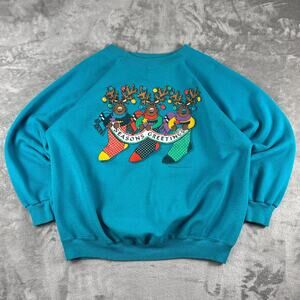 Vintage 1988 Seasons Greetings Reindeer Sweatshirt Mens XL Teal Hanes USA